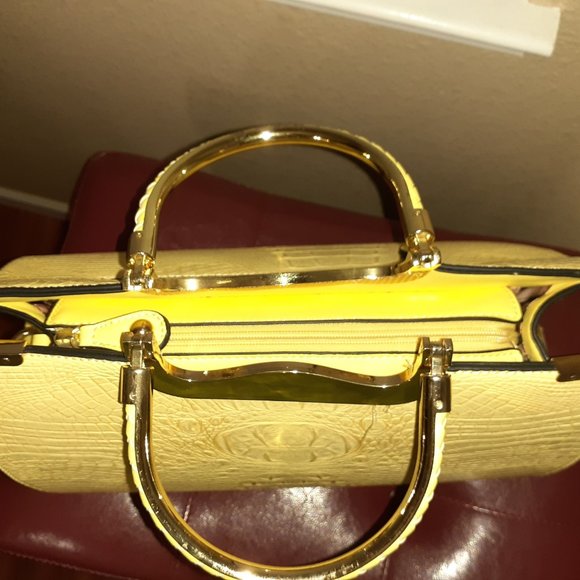 Yellow Structured Bag with Gold Trim Handle - Picture 8 of 8